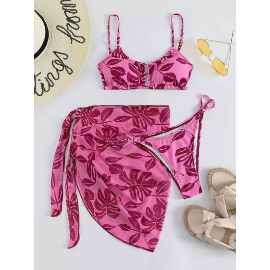 Floral Print Hollow Backless Bikini Swimwear+Cover-Up Three-Piece Set Floral Print Hollow Backless Bikini Swimwear+Cover-Up Three-Piece Set