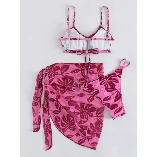 Floral Print Hollow Backless Bikini Swimwear+Cover-Up Three-Piece Set Floral Print Hollow Backless Bikini Swimwear+Cover-Up Three-Piece Set