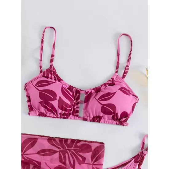 Floral Print Hollow Backless Bikini Swimwear+Cover-Up Three-Piece Set Floral Print Hollow Backless Bikini Swimwear+Cover-Up Three-Piece Set
