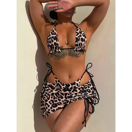 Three-Piece Suit Backless Bandage Leopard Halter-Neck Reversible Bikini Swimsuit Three-Piece Suit Backless Bandage Leopard Halter-Neck Reversible Bikini Swimsuit