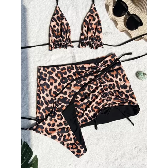 Three-Piece Suit Backless Bandage Leopard Halter-Neck Reversible Bikini Swimsuit Three-Piece Suit Backless Bandage Leopard Halter-Neck Reversible Bikini Swimsuit