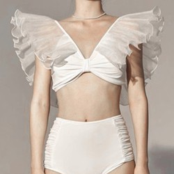 Bandage Mesh Pleated Solid Color Split-Joint Padded Deep V-Neck Bikini Swimsuit