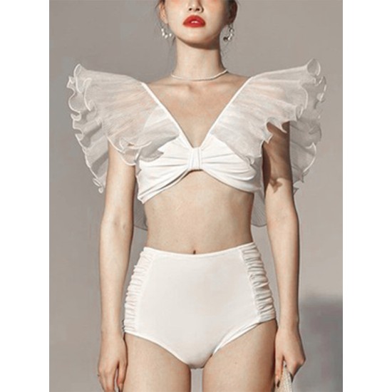 Bandage Mesh Pleated Solid Color Split-Joint Padded Deep V-Neck Bikini Swimsuit Bandage Mesh Pleated Solid Color Split-Joint Padded Deep V-Neck Bikini Swimsuit