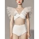 Bandage Mesh Pleated Solid Color Split-Joint Padded Deep V-Neck Bikini Swimsuit Bandage Mesh Pleated Solid Color Split-Joint Padded Deep V-Neck Bikini Swimsuit