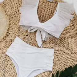 Bandage Mesh Pleated Solid Color Split-Joint Padded Deep V-Neck Bikini Swimsuit