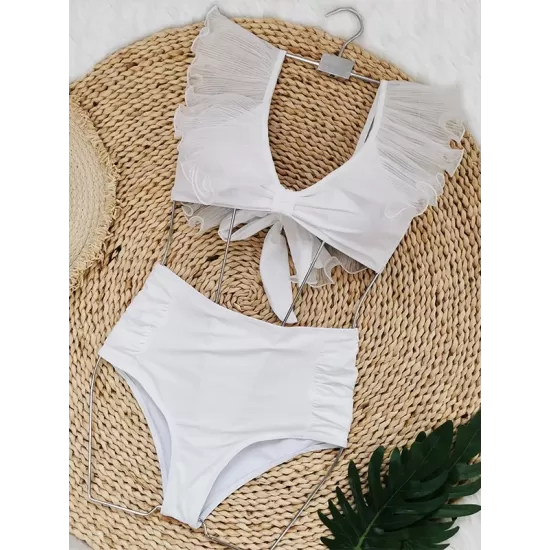 Bandage Mesh Pleated Solid Color Split-Joint Padded Deep V-Neck Bikini Swimsuit Bandage Mesh Pleated Solid Color Split-Joint Padded Deep V-Neck Bikini Swimsuit