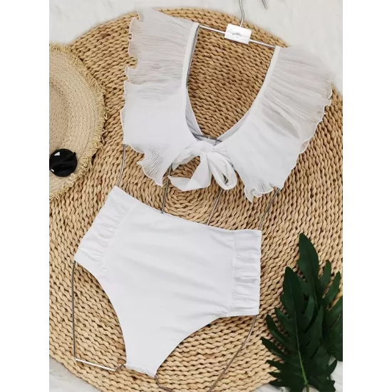 Bandage Mesh Pleated Solid Color Split-Joint Padded Deep V-Neck Bikini Swimsuit Bandage Mesh Pleated Solid Color Split-Joint Padded Deep V-Neck Bikini Swimsuit