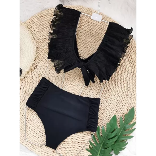 Bandage Mesh Pleated Solid Color Split-Joint Padded Deep V-Neck Bikini Swimsuit Bandage Mesh Pleated Solid Color Split-Joint Padded Deep V-Neck Bikini Swimsuit