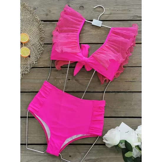 Bandage Mesh Pleated Solid Color Split-Joint Padded Deep V-Neck Bikini Swimsuit Bandage Mesh Pleated Solid Color Split-Joint Padded Deep V-Neck Bikini Swimsuit