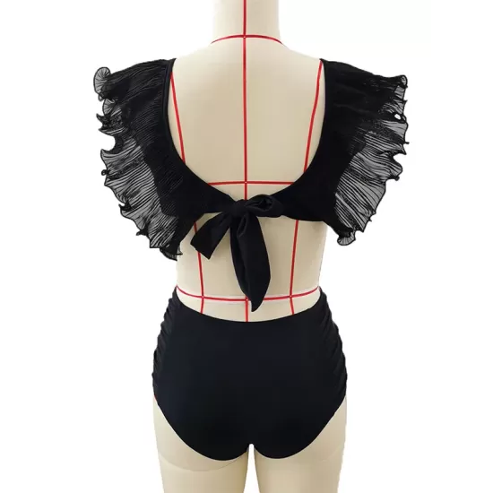 Bandage Mesh Pleated Solid Color Split-Joint Padded Deep V-Neck Bikini Swimsuit Bandage Mesh Pleated Solid Color Split-Joint Padded Deep V-Neck Bikini Swimsuit