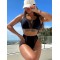 Padded Hollow Mesh Solid Color U-Neck Bikini Swimsuit