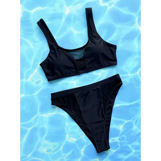 Padded Hollow Mesh Solid Color U-Neck Bikini Swimsuit Padded Hollow Mesh Solid Color U-Neck Bikini Swimsuit