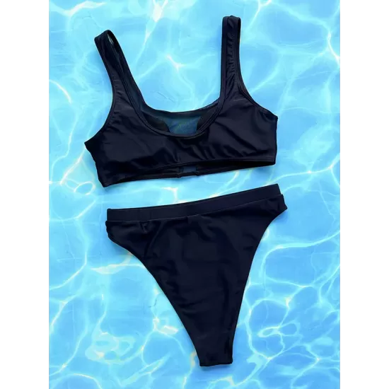 Padded Hollow Mesh Solid Color U-Neck Bikini Swimsuit Padded Hollow Mesh Solid Color U-Neck Bikini Swimsuit