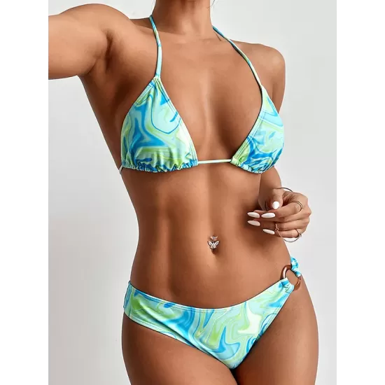 Tie-Dyed Triangle Halter-Neck Bikini Swimwear Tie-Dyed Triangle Halter-Neck Bikini Swimwear