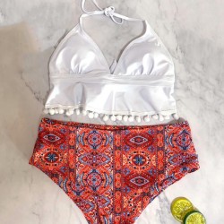 Tasseled Printed Split Bikini Swimsuit