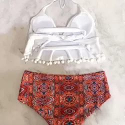 Tasseled Printed Split Bikini Swimsuit