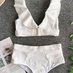 Solid Color Flared Sleeves Deep V-Neck Split Bikini Swimsuit