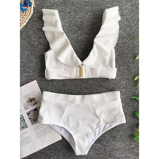 Solid Color Flared Sleeves Deep V-Neck Split Bikini Swimsuit Solid Color Flared Sleeves Deep V-Neck Split Bikini Swimsuit