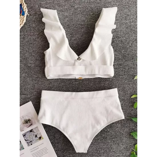 Solid Color Flared Sleeves Deep V-Neck Split Bikini Swimsuit Solid Color Flared Sleeves Deep V-Neck Split Bikini Swimsuit