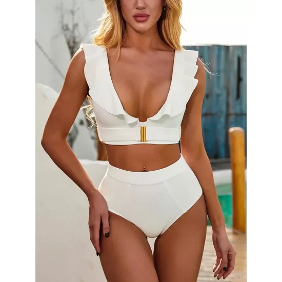 Solid Color Flared Sleeves Deep V-Neck Split Bikini Swimsuit Solid Color Flared Sleeves Deep V-Neck Split Bikini Swimsuit