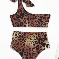 Asymmetric Bandage Leopard-Print Bikini Swimsuit