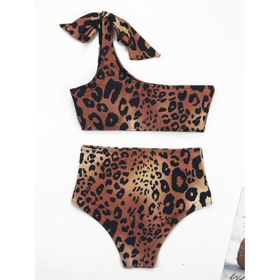 Asymmetric Bandage Leopard-Print Bikini Swimsuit Asymmetric Bandage Leopard-Print Bikini Swimsuit