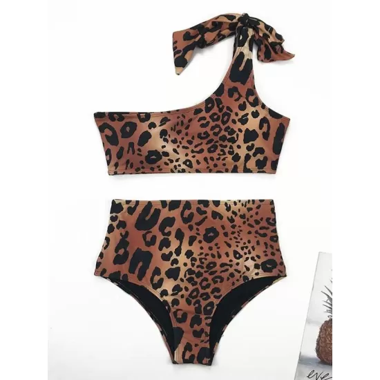 Asymmetric Bandage Leopard-Print Bikini Swimsuit Asymmetric Bandage Leopard-Print Bikini Swimsuit
