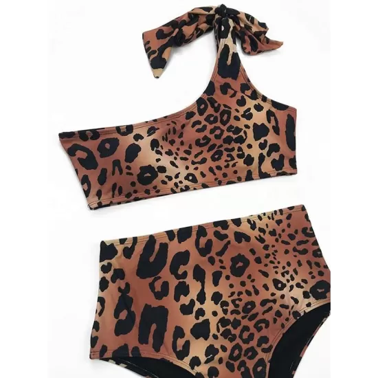 Asymmetric Bandage Leopard-Print Bikini Swimsuit Asymmetric Bandage Leopard-Print Bikini Swimsuit