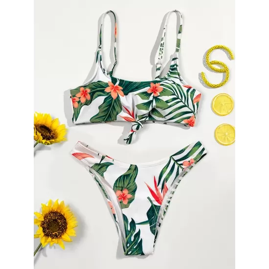 Spaghetti-Neck Floral Bralette Hipster Split Bikini Swimsuit Spaghetti-Neck Floral Bralette Hipster Split Bikini Swimsuit