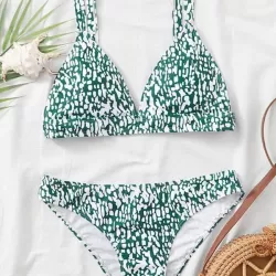 Floral-Print Triangles Backless Split Bikini Swimsuit