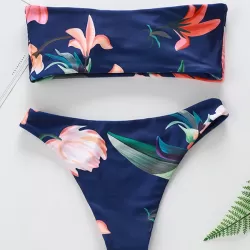 Floral-Print Bandeau Split Bikini Swimsuit
