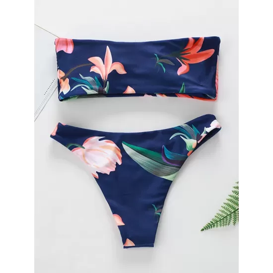Floral-Print Bandeau Split Bikini Swimsuit Floral-Print Bandeau Split Bikini Swimsuit
