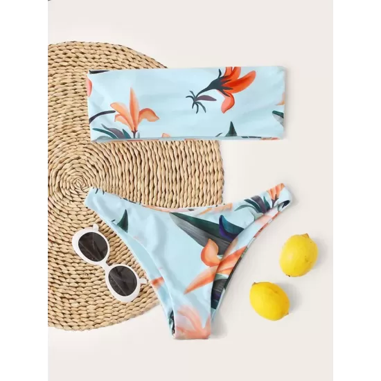 Floral-Print Bandeau Split Bikini Swimsuit Floral-Print Bandeau Split Bikini Swimsuit