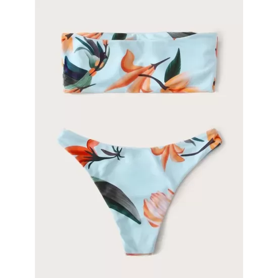 Floral-Print Bandeau Split Bikini Swimsuit Floral-Print Bandeau Split Bikini Swimsuit
