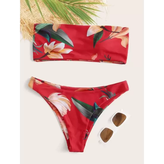 Floral-Print Bandeau Split Bikini Swimsuit Floral-Print Bandeau Split Bikini Swimsuit