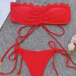 Solid Color Bandeau Knotted Split Bikini Swimsuit