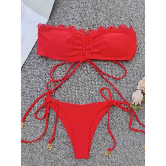Solid Color Bandeau Knotted Split Bikini Swimsuit Solid Color Bandeau Knotted Split Bikini Swimsuit