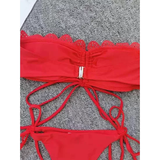 Solid Color Bandeau Knotted Split Bikini Swimsuit Solid Color Bandeau Knotted Split Bikini Swimsuit