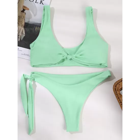 Solid Color V-Neck Bralette Hipster Simple Bikini Swimwear Solid Color V-Neck Bralette Hipster Simple Bikini Swimwear