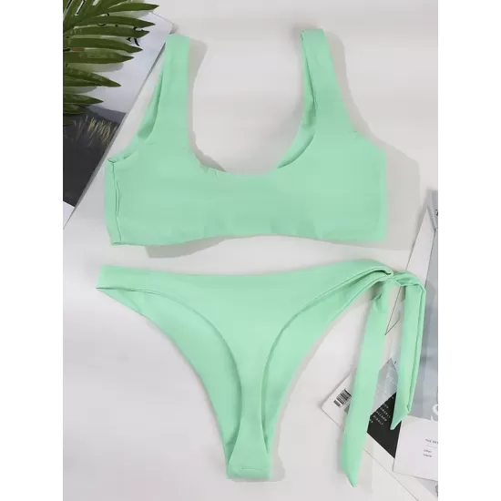 Solid Color V-Neck Bralette Hipster Simple Bikini Swimwear Solid Color V-Neck Bralette Hipster Simple Bikini Swimwear