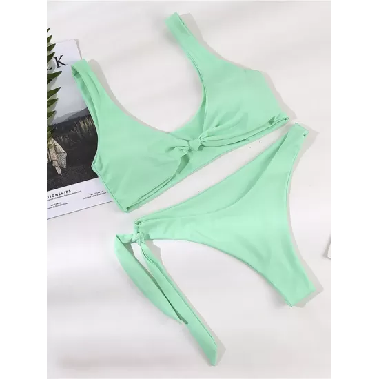 Solid Color V-Neck Bralette Hipster Simple Bikini Swimwear Solid Color V-Neck Bralette Hipster Simple Bikini Swimwear