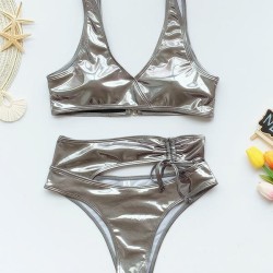 Wet Look Asymmetric Hollow Split Bikini Swimsuit