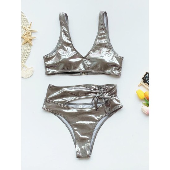 Wet Look Asymmetric Hollow Split Bikini Swimsuit Wet Look Asymmetric Hollow Split Bikini Swimsuit