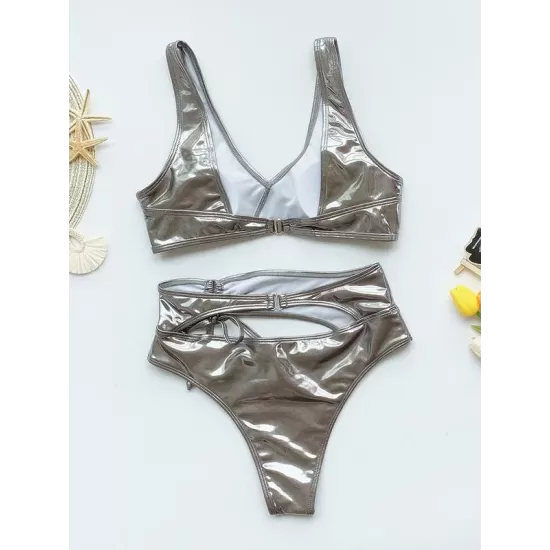 Wet Look Asymmetric Hollow Split Bikini Swimsuit Wet Look Asymmetric Hollow Split Bikini Swimsuit
