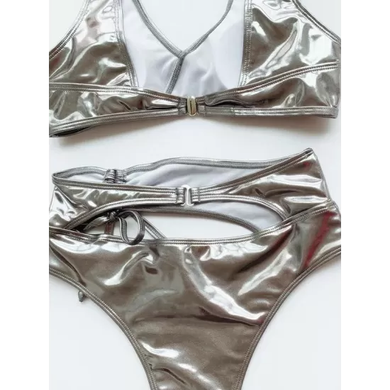 Wet Look Asymmetric Hollow Split Bikini Swimsuit Wet Look Asymmetric Hollow Split Bikini Swimsuit