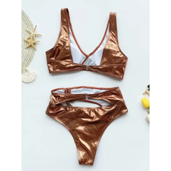 Wet Look Asymmetric Hollow Split Bikini Swimsuit Wet Look Asymmetric Hollow Split Bikini Swimsuit