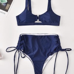 Solid Color Bandage Embellished Split Bikini Swimsuit
