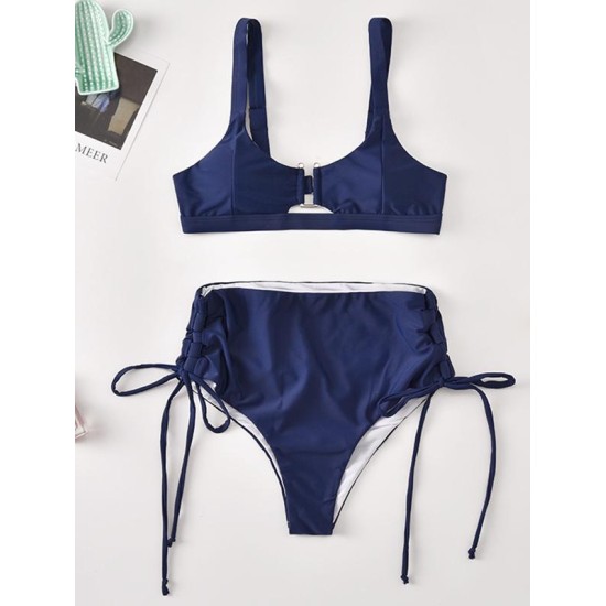 Solid Color Bandage Embellished Split Bikini Swimsuit Solid Color Bandage Embellished Split Bikini Swimsuit
