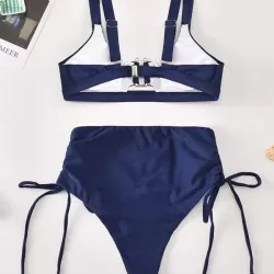 Solid Color Bandage Embellished Split Bikini Swimsuit