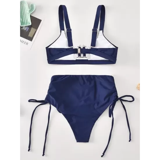 Solid Color Bandage Embellished Split Bikini Swimsuit Solid Color Bandage Embellished Split Bikini Swimsuit